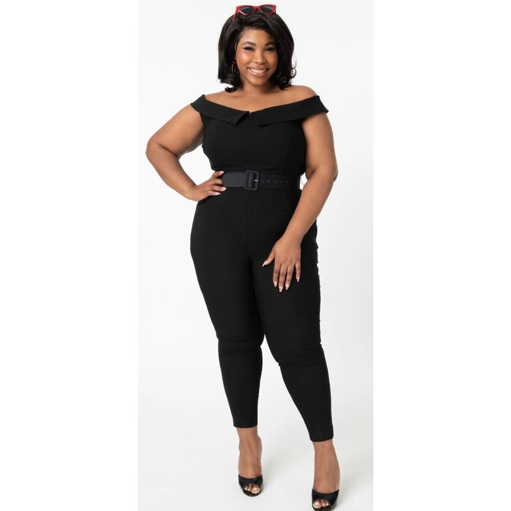 Unique Vintage Black Off Shoulder Gillian Jumpsuit M 6 8 NWOT